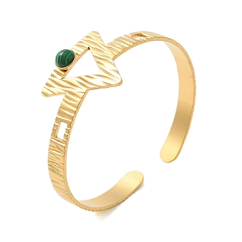 304 Stainless Steel Open Cuff Bangles, with Synthetic Malachite, Jewely Textured Bangles for Women, Real 18K Gold Plated, Triangle, Inner Diameter: 2-1/8x2 inch(5.5x5.05cm)