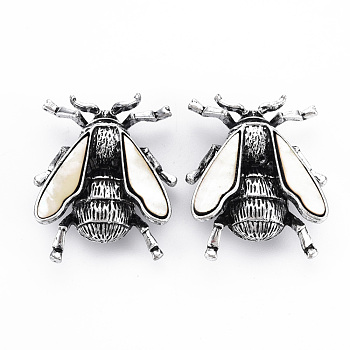 Natural White Shell Beetle Brooch, Alloy Lapel Pin with Loop for Backpack Clothes Pendant Jewelry, Cadmium Free & Lead Free, Antique Silver, Floral White, 44x35.5x15mm, Hole: 5x5.5mm, Pin: 0.7mm