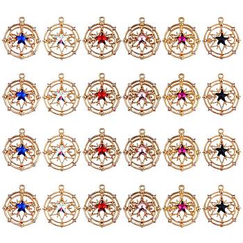 24Pcs 6 Colors Faceted Glass Pendants, with Light Gold Plated Alloy Findings, Flat Round with Star, Mixed Color, 29.5x26x5mm, Hole: 1.6mm, 4pcs/color
