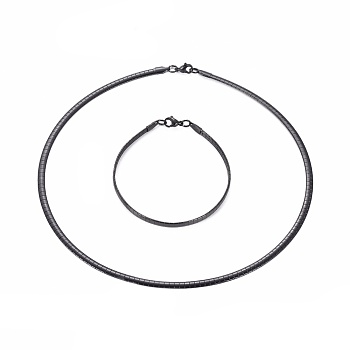 304 Stainless Steel Choker Necklaces and Bangles Jewelry Sets, with Lobster Claw Clasps, Electrophoresis Black, 8-1/8 inch(20.5cm), 17.7 inch(45cm), 4mm