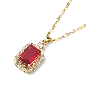 Brass Micro Pave Cubic Zirconia Pendant Necklaces, Red Glass Rectangle Jewelry for Women, Light Gold, 16.02 inch(407mm)