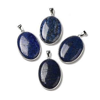 Natural Lapis Lazuli Pendants, Oval Charms with Platinum Plated Metal Findings, 39.5x26x6mm, Hole: 7.6x4mm