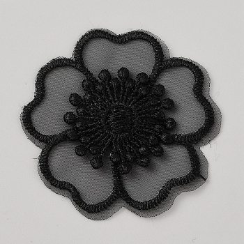 Organza Embroidery Sew on Appliques, Sewing Craft Decoration for Wedding Dress, Cheongsam, Flower, Black, 50x50x1.5mm