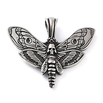 304 Stainless Steel Pendants, Butterfly with Skull Charm, Antique Silver, 35.5x43x5.8mm, Hole: 4.8mm