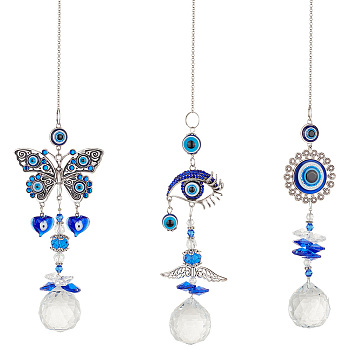 AHADEMAKER 3Pcs 3 Style Evil Eye Pendant Decorations, Alloy & Glass Hanging Suncatchers, for Home Decoration, Flower/Eye/Butterfly, Mixed Patterns, 430mm, 1pc/style