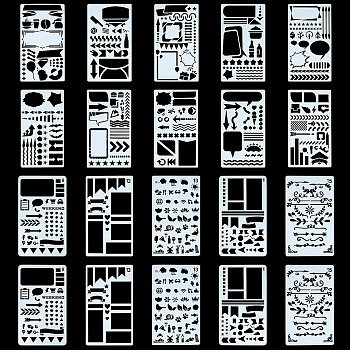 20Pcs 20 Patterns PET Plastic Hollow Drawing Painting Stencils Templates, Rectangle with Mixed Sign Pattern, White, 177~180x96~102x0.2~0.4mm, 1pc/pattern