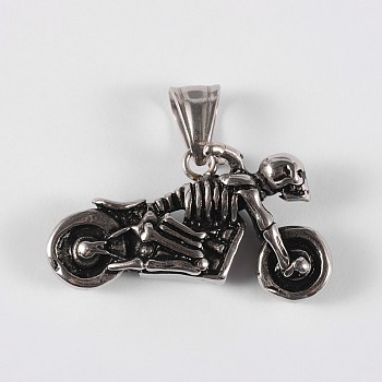 316 Surgical Stainless Steel Pendants, Motorbike with Skull, Antique Silver, 19x35x8mm, Hole: 8x5mm