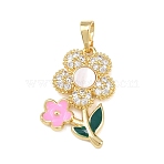 Brass Micro Pave Cubic Zirconia Pendants, Flower, with Enamel and Shell, Real 18K Gold Plated, 23.5x16.5x3mm, Hole: 6x3.5mm(KK-H525-11G)