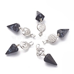 Natural Snowflake Obsidian Pendants, with Platinum Brass Snap on Bails, Votex/Om Symbol/Tree of Life/Flower of Life/Star of David, Cone Pendulum, 48mm, Hole: 8mm(G-O194-04)