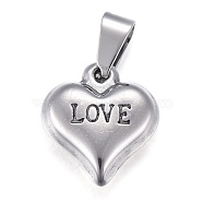 Valentine's Day 201 Stainless Steel Charms, Heart with Word Love, Stainless Steel Color, 13x11.5x4mm, Hole: 4.5x3mm(STAS-I159-02B-P)