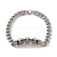 304 Stainless Steel Viking Skull Link Chain Bracelets for Men, Antique Silver & Stainless Steel Color, 9-1/8 inch(23cm), link: 13x57x7mm(BJEW-B096-49C)