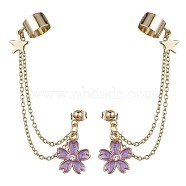 Light Gold 304 Stainless Steel Cuff Earring Chains with Rhinestone, Star & Flower Alloy Enamel Dangle Stud Earrings Crawler Earrings, Medium Orchid, 78mm(EJEW-JE05684-05)