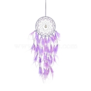 Woven Web/Net with Feather Hanging Ornaments, Iron Ring and Wood Beads for Home Living Room Bedroom Wall Decorations, Medium Orchid, 685mm(HJEW-G025-03C)