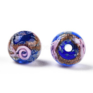 Luminous Handmade Gold Sand Lampwork Beads, Glow in the Dark, Round with Flower, Blue, 10x9mm, Hole: 1.6mm(LAMP-T021-03O)