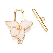 Brass Toggle Clasps, with Enamel & Shell, Flower, Real 18K Gold Plated, 23x16.5x3.5mm, Hole: 1.4mm, Bar: 4.5x16.5x2mm, Hole: 1.6mm(KK-N054-152G)