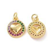 Brass Micro Pave Colorful Cubic Zirconia Charms, with Jump Ring, Flat Round with Heart, Real 18K Gold Plated, 15x12x3mm, Hole: 3.2mm(KK-E068-VF132)