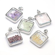 Mixed Stone Floating Locket Pendants with Glass and Platinum Tone Brass Findings, Perfume Bottle, Cadmium Free & Lead Free, 41x29x12~13mm, Hole: 8x4.5mm(G-F228-66-RS)