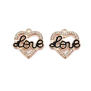 Alloy Enamel Pendants, with Crystal Rhinestone, Cadmium Free & Lead Free, Light Gold, Heart & Word LOVE  Charms, Black, 20x19x1.5mm, Hole: 1.6mm(PALLOY-N176-99KCG)