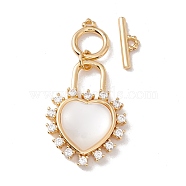 Heart Brass Clear Cubic Zirconia Toggle Clasps, with White Shell , Golden, 45mm, Heart: 26.5x19x5.7mm, Round Clasp: 11.5x9x1.5mm, Bar: 13x4.7x2mm(KK-G426-01G)