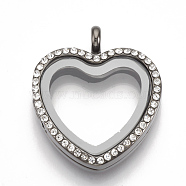 Alloy Magnetic Locket Pendants, with Rhinestone and Glass, Heart, Crystal, Gunmetal, 35x30x8mm, Hole: 4mm, Inner Measure: 20x22mm(PALLOY-T052-11B)