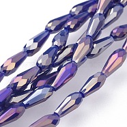 Electroplated Opaque Glass Beads Strands, Full Rainbow Plated, Faceted, Teardrop, DarkSlate Blue, 9~10x4mm, Hole: 0.8mm, about 70~72pcs/strand, 25.98 inch~27.95 inch(66~71cm)(EGLA-L015-FR-B04)