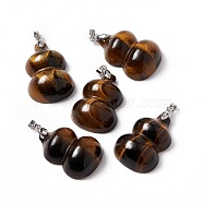 Natural Tiger Eye Pendants, with Platinum Tone Brass Findings, Gourd Charm, 35x25x12mm, Hole: 4x4mm(G-E135-01P-03)