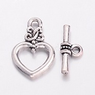 Alloy Toggle Clasps, Bracelet Closures, Lead Free and Cadmium Free & Nickel Free, Antique Silver Color, Heart: 20x13x3.5mm, Hole: 2mm, Bar: 16.5x7.5x4mm, Hole: 2mm(X-EA9137Y-NF)