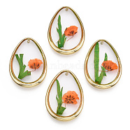 Alloy Epoxy Resin Pendants, with Handmade Dried Flower Inside, Teardrop Charms, Coral, 28x20x3.5mm, Hole: 1.2mm(PALLOY-TAC0044-84)