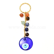 Natural Mixed stone with Evil Eye Lampwork Keychain, with 304 Stainless Steel Split Key Rings, Flat Round, Golden, 11.8cm(KEYC-JKC00270-02)