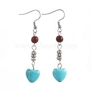 Synthetic Turquoise Dangle Earrings, with Natural Sandalwood and Alloy Beads, 304 Stainless Steel Earring Hooks, Heart, 61mm, Pin: 0.7mm(EJEW-JE02976-02)