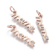 316 Surgical Stainless Steel Pendants, with Micro Pave Cubic Zirconia and Jump Ring, Long-Lasting Plated, Word Mama, for Mother's Day, Clear, Real Rose Gold Plated, 17x4.5x1.5mm, Hole: 3.5mm(STAS-L242-05RG)