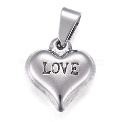 Non-Tarnish Valentine's Day 201 Stainless Steel Charms, Heart with Word Love, Stainless Steel Color, 13x11.5x4mm, Hole: 4.5x3mm(STAS-I159-02B-P)