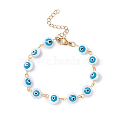 Natural Shell Evil Eye Link Chain Bracelet with Enamel, 304 Stainless Steel Jewelry for Women, Golden, Deep Sky Blue, 6-1/2~6-3/4 inch(16.5~17.2cm)(BJEW-C015-19G)