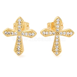 Rack Plating Cross Brass Pave Clear Cubic Zirconia Stud Earrings, Real 18K Gold Plated, 16x13.5mm(EJEW-S245-01G-B)