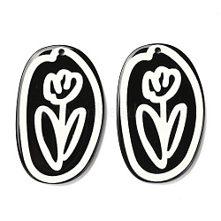 Opaque Acrylic Pendants, Black & White, Oval with Flower, Black, 40.5x26x3mm, Hole: 1.5mm(SACR-L003-05)