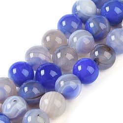 Natural Striped Agate/Banded Agate Beads Strands, Dyed, Round, Royal Blue, 10mm, Hole: 1.2mm, about 19pcs/strand, 7.60''(19.3cm)(G-Z060-A01-C26)