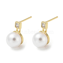 Rack Plating Brass Micro Pave Cubic Zirconia Dangle Stud Earrings, Round Plastic Pearl Drop Earrings, Long-Lasting Plated, Lead Free & Cadmium Free, Real 18K Gold Plated, 15x11mm(EJEW-F331-04G)