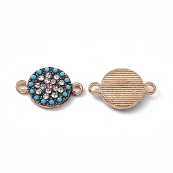 Alloy Connector Charms, Flat Round Links, with Crystal Rhinestones and Synthetic Turquoise, Light Gold, 15x10x2.2mm, Hole: 1.6mm(FIND-A024-61KCG)