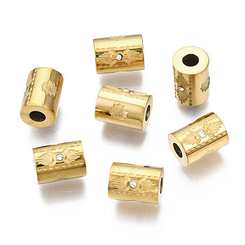 316 Surgical Stainless Steel Beads, with Crystal Rhinestone, Column, Real 14K Gold Plated, 8x6mm, Hole: 1.8mm