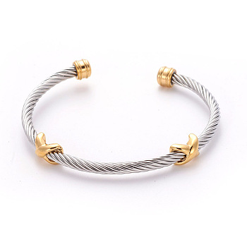 304 Stainless Steel Cuff Bangles, Torque Bangles, Cross, Golden & Stainless Steel Color, 2-3/8 inch(6.2cm)