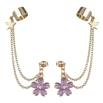 Light Gold 304 Stainless Steel Cuff Earring Chains with Rhinestone, Star & Flower Alloy Enamel Dangle Stud Earrings Crawler Earrings, Medium Orchid, 78mm