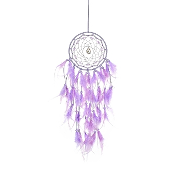 Woven Web/Net with Feather Hanging Ornaments, Iron Ring and Wood Beads for Home Living Room Bedroom Wall Decorations, Medium Orchid, 685mm