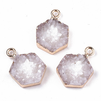 Druzy Resin Pendants, with Edge Light Gold Plated Iron Loops, Hexagon, Linen, 19x13x6.5mm, Hole: 1.8mm