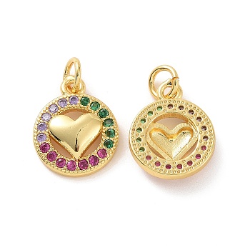 Brass Micro Pave Colorful Cubic Zirconia Charms, with Jump Ring, Flat Round with Heart, Real 18K Gold Plated, 15x12x3mm, Hole: 3.2mm