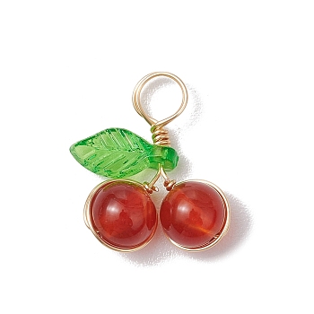 Natural Carnelian(Dyed & Heated) Round Copper Wire Wrapped Pendants, Cherry Charms with Acrylic Leaves, Golden, 17.5x14.5x6.5mm, Hole: 4.5mm