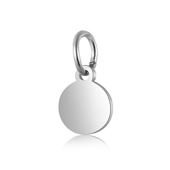 Anti-Tarnish 304 Stainless Steel Pendants, with Jump Ring, Flat Round Charm, Stamping Blank Tag, Stainless Steel Color, 9.5x8x1mm, Hole: 3.5mm