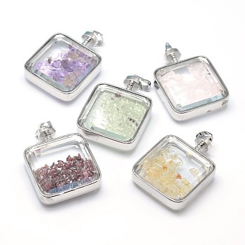 Mixed Stone Floating Locket Pendants with Glass and Platinum Tone Brass Findings, Perfume Bottle, Cadmium Free & Lead Free, 41x29x12~13mm, Hole: 8x4.5mm