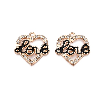 Alloy Enamel Pendants, with Crystal Rhinestone, Cadmium Free & Lead Free, Light Gold, Heart & Word LOVE  Charms, Black, 20x19x1.5mm, Hole: 1.6mm