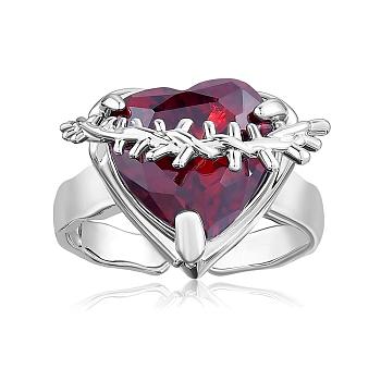 Red Heart Zirconia Ring Adjustable Gemstone Promise Ring Fashion Solitaire Love Eternity Open Ring Jewelry Gift for Women Mother's Day birthday Wedding Engagement, Platinum, US Size 6 1/2(16.9mm)