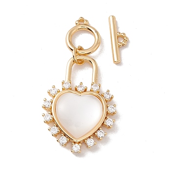 Heart Brass Clear Cubic Zirconia Toggle Clasps, with White Shell , Golden, 45mm, Heart: 26.5x19x5.7mm, Round Clasp: 11.5x9x1.5mm, Bar: 13x4.7x2mm
